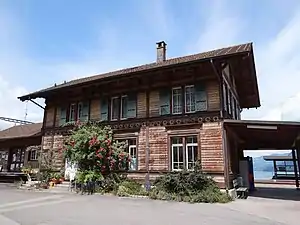 Two-story building with gabled roof