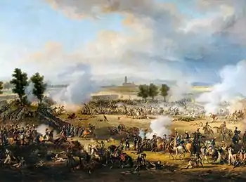 Scene of the battle in which Napoleon, followed by some generals, advances on horseback from the left towards the centre of the image. Behind him a regiment confronts in line the head of the Austrian pursuit column, while Desaix is being mortally wounded at the head of his men. Further to the right, Gen. Zach is captured by some cavalrymen and General Saint-Julien tried to escape the same fate. In the background Gen. Kellermann conducts his famous cavalry charge in the flank of the Austrians. Behind all the action lies the village of Spinetta, in front of the Apennines.