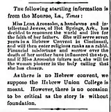 1893 article on Aronsohn The American Israelite (Cincinnati, Ohio), 12 Jan 1893, Thursday. Page 4.