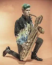 Pellegrino on the baritone saxophone in 2020