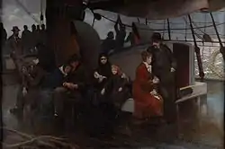 Oil painting of emigrants on a ship by Charles Emmanuel Jadin circa 1879