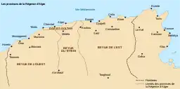 Map of the Provinces of the Regency of Algiers. The Beylik of Constantine is the easternmost, between Titteri and Tunis.