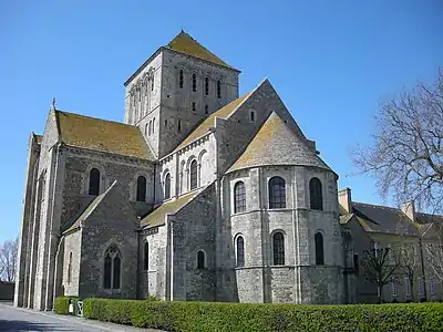 Lessay Abbey, with its Norman lantern tower and at transept and semicircular chevet at the east end