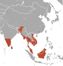 Southern India, Sri Lanka, coastal Indochina, and Borneo