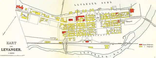 Levanger map from 1909. The church is the red building near the centre surrounded by an open yard.