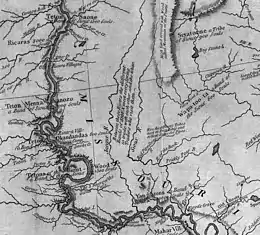 Image 7Detail from a map drawn by the Lewis and Clark Expedition, showing much of what would become eastern and central South Dakota. (from History of South Dakota)