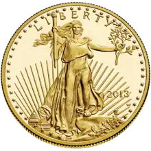 The obverse of the American Gold Eagle, a gold bullion coin in current production, designed by Saint-Gaudens