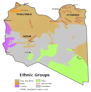 Image 46Ethnic composition of the Libyan population in 1974 (CIA map)   Arab and Arab-Berber   Berber   Tuareg   Toubou   Uninhabited (from Libya)