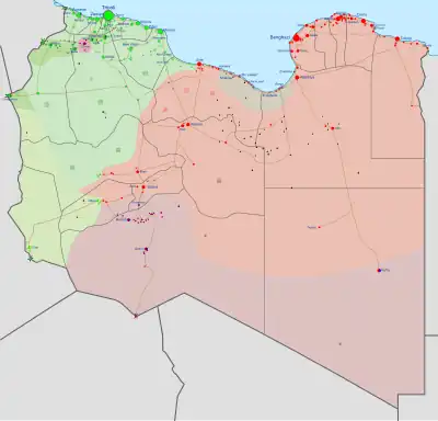 Image 37Areas of control in the Civil War, updated 11 June 2020: Tobruk-led Government Government of National Accord Petroleum Facilities Guard  Tuareg tribes Local forces  (from Libya)