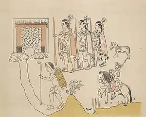 Painting with three prominent indigenous warriors in single file facing left, wearing cloaks and grasping staves, followed by a dog. Below them and to the right is the smaller image of a mounted Spaniard with a raised lance. To the left and indigenous porter carries a pack fixed by a strap across his forehead, and sports a staff in one hand. All are apparently moving towards a doorway at top left.