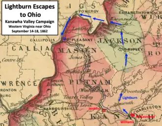 Old map showing Union retreat route north to the Ohio River