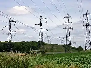 In France, it is common to bend lines at suspension towers with single insulators pulled to the side