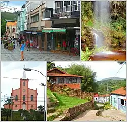 Clockwise from top left: Praça Paiva Duque, a waterfall in Ibitipoca state park, Conceição do Ibitipoca, church of Nossa Senhora das Dores