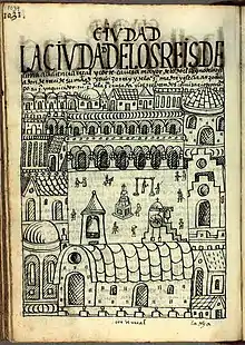 The City of the Kings of Lima, in the foreground the unfinished Cathedral, painting of 1615 by the Inca painter Guamán Poma. Royal Library, Denmark.