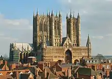 The West Front of Lincoln Cathedral seen from the Castle wall in 2006.