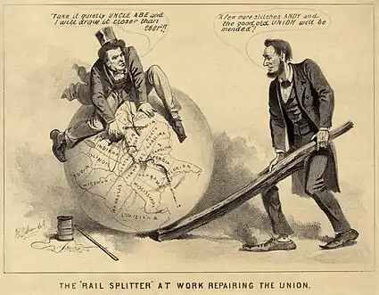 Image 11An editorial cartoon of Andrew Johnson and Abraham Lincoln, 1865, entitled The Rail Splitter at Work Repairing the Union. The caption reads: (Johnson): "Take it quietly Uncle Abe and I will draw it closer than ever." (Lincoln): "A few more stitches Andy and the good old Union will be mended." (from Political cartoon)