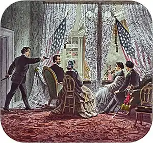 Image of Lincoln being shot by Booth while sitting in a theater stall.