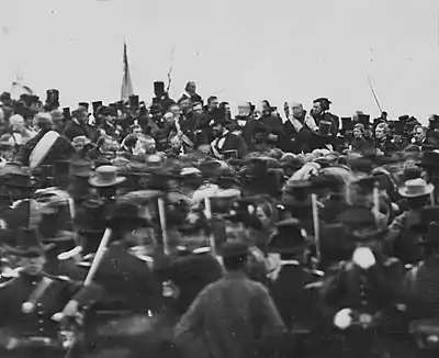 Image 31On November 19, 1863, President Abraham Lincoln (center, facing camera) arrived in Gettysburg and delivered the Gettysburg Address, considered one of the best-known speeches in American history. (from Pennsylvania)