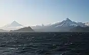 Shishaldin (left) and Isanotski volcanoes on Unimak Island.