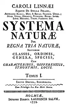 A book cover with the text "Caroli Linnaei Equitis de Stella Polari, Archiatri Regii, Med. & Botan. Profess. Upsal.; Acad. Upsal. Holmens. Petropol. Imper. Lond. Monspel. Tolos. Soc. Systema Naturae per Regna Tria Naturae, Secundum Classes, Ordines, Genera, Species, Cum Characteribus, Differentiis. Synonymis, Locis. Tomus I. Editio Decima, Reformata. Cum Privilegio S:ae R:ae M:tis Sveciae. Holmiae, Impensis Direct. Laurentii Salvii, 1758."