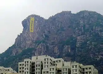 Vertical protest banner on Lion Rock over Hong Kong, Umbrella Revolution,  2014