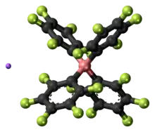 Ball-and-stick model of the component ions of lithium tetrakis(pentafluorophenyl)borate