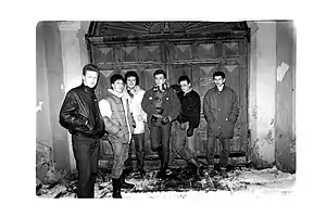 Group picture of the Lithuanian rock band Foje, among the protagonists of the third edition of the Roko maršas (March). Vilnius, 1987.