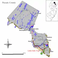 Location of Little Falls in Passaic County highlighted in yellow (left). Inset map: Location of Passaic County in New Jersey highlighted in black (right).