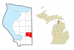 Location within Emmet County and the administered village of Alanson (1) and communities of Oden (2) and Ponshewaing (3)