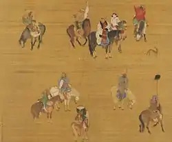 Kublai Khan, Empress Chabi, and his men going for hunt are all wearing Mongolian-style attire, which is distinct from Han Chinese clothing, Yuan dynasty by Liu Guandao, c. 1280.