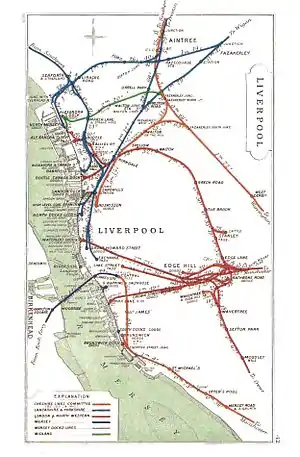 This 1909 map shows the line as the red line from Edge Hill to Canada Dock via Tuebrook. The branch after Kirkdale station is to Alexandra Dock.