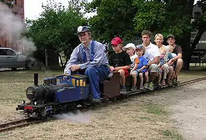 A propane-fired 1:8 scale live steam train running on the Finnish Railway Museum's 7.25-inch (18.4 cm) gauge track.