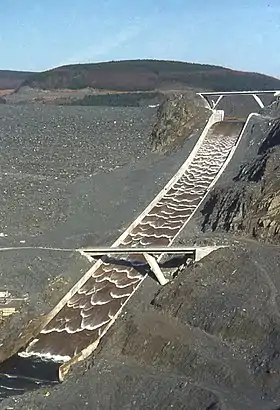 The Llyn Brianne spillway spilling immediately after its first fill at commissioning