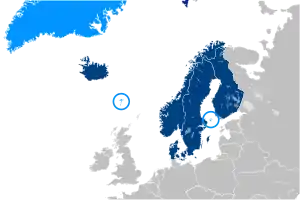 Member states shown in dark blue; and regions of member states shown in light blue.