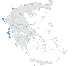 A map of Greece with the Ionian islands highlighted