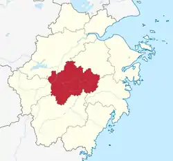 Location of Jinhua City jurisdiction in Zhejiang