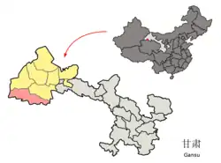 Location of Aksay Kazak Autonomous County (pink) within Jiuquan City (yellow), Gansu Province (light grey) and the People’s Republic of China (dark grey)