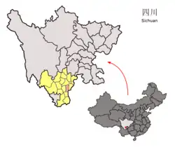 Location of Butuo County (pink) and Liangshan Prefecture (yellow) within Sichuan