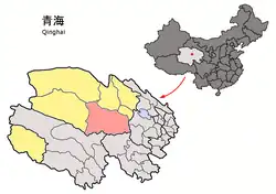 Dulan County (light red) within Haixi Prefecture (yellow) and Qinghai