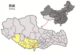 Location of Kamba County (red) within Xigazê City (yellow) and the Tibet A.R.