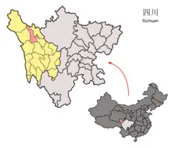 Location of Garzê County (red) within Garzê Prefecture (yellow) and Sichuan