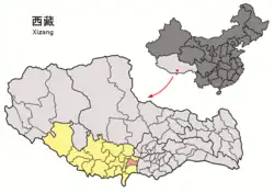 Location of Gyantse County (red) within Xigazê City (yellow) and the Tibet Autonomous Region