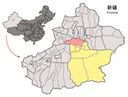 Hejing County (red) within Bayingolin Prefecture (yellow) and Xinjiang