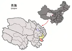 Location of Henan County (red) in Huangnan Prefecture (yellow) and Qinghai