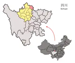 Location of Jiuzhaigou County (light red) in Ngawa (yellow) and Sichuan (light gray)