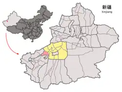 Location of Kalpin County (red) within Aksu Prefecture (yellow) and Xinjiang