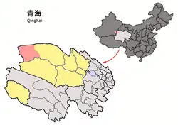 Mangnai (light red) within Haixi Prefecture (yellow) and Qinghai.