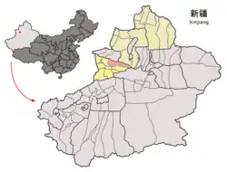 Nilka County (red) within Ili Prefecture (yellow) and Xinjiang