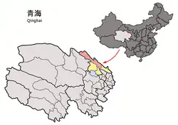 Location of Qilian County (red) within Haibei Prefecture (yellow) and Qinghai