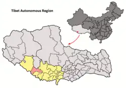 Location of Saga County (red) within Shigatse City (yellow) and the Tibet AR